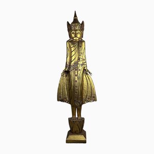 Buddha Mandalay birmano in legno intagliato e dorato, anni '70