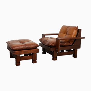 Mid-Century Pine and Cognac Leather Lounge Chair & Ottoman, France, 1960s, Set of 2