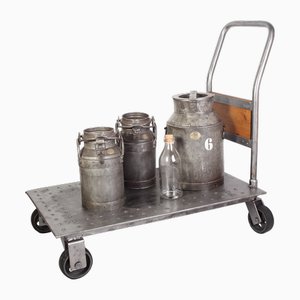 Industrial Cart Trolley and Iron Milk Jugs, Czechoslovakian, 1950s, Set of 5