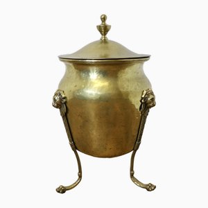 19th Century Lined Brass Lions Mask Log Bin with Lid