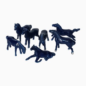 Vintage Spanish Blue Cobalt Ceramic Horses, 1970s, Set of 7