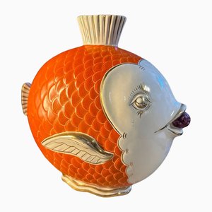 Mid-Century Modern Italian Orange Gold and White Ceramic Fish Vase, 1950s
