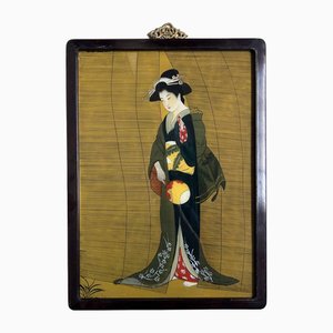 Peinture Ukiyo-E sur Verre Reverse Période Shōwa Geisha avec Ventilateur, 1950s