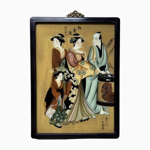 Shōwa Period Ukiyo-E Reversed Glass Painting Three Geishas and a Man, 1950s