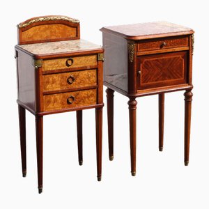 Louis XVI French Marble and Mahogany Marquetry Nightstands with Marble & Wood Bedside Tables, 1920s, Set of 2