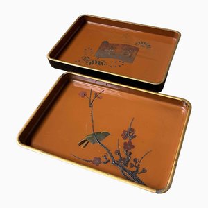 Meiji Period Wooden Lacquerware Trays, Urushi-E, Japan, 1890s, Set of 2