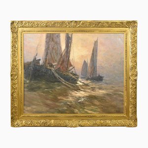 Albert Isidore De Vos, Gran puerto deportivo con barcos y pescadores, de finales del siglo XIX, óleo sobre lienzo, enmarcado