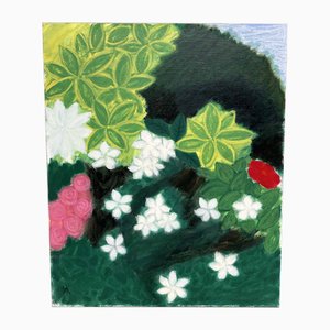Huile sur Toile Makoto Igarashi, Fleurs Blanches et Rouges, 1980s