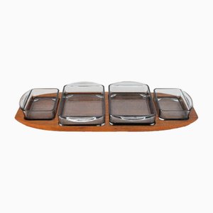 Danish Modern Teak Serving Tray with Glass Bowls, Denmark, 1960s