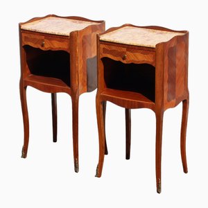 Louis XV French Rosewood Marquetry Nightstands with Marble & Wood Bedside Tablesm, 1940s, Set of 2