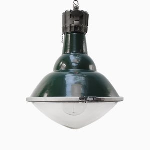 Lampe à Suspension Industrielle Vintage en Fonte Verte et Verre Bombé Transparent par Sammode, France