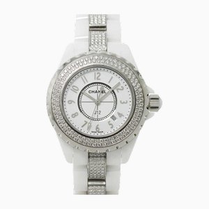 Chanel J12 H1420 Damenuhr Echt Diamant Lünette Armband Datum Weiße Keramik Quarz