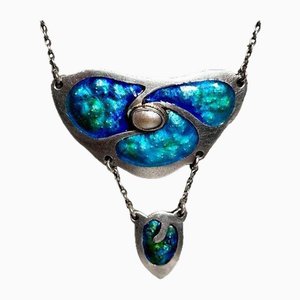 Arts & Crafts Blue Green Enamel Pearl Lavaliere Sterling Silver Necklace