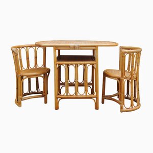 Bamboo and Rattan Compact Table & Chairs Set, 1980s, Set of 3