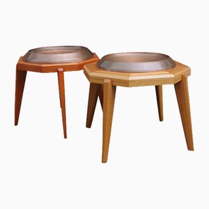 Octagonal Wooden Tables with Spun Copper Concave Tops, 1980s, Set of 2