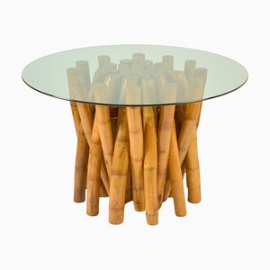 Bamboo Base Round Dining Table with Glass Top, 1950s