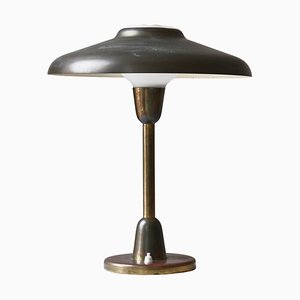 Scandinavian Modern Table Lamp in Patinated Brass & Opal Glass from Lyfa, 1940s