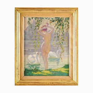 Emile Quentin-Brin, Femme nue au bord du lac, 1930, Peinture sur Panneau de Bois, Encadré