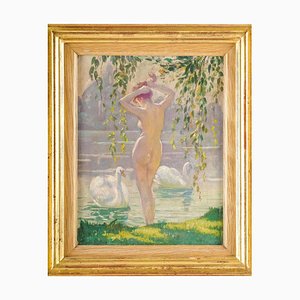 Emile Quentin-Brin, Nackte Frau am Ufer des Sees, 1930, Gemälde auf Holzplatte, gerahmt