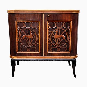 Mid-Century Art Deco Italian Forest Wildlife Carved Wood Dry Bar Cabinet, 1960s