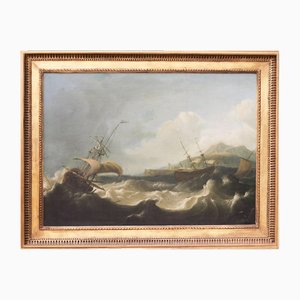 Stormy Sea with Sailboats, 18th-19th Century, Oil on Canvas, Framed