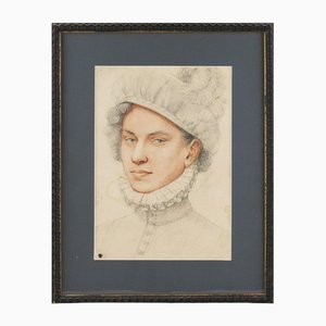 After Jean Clouet, Portrait of a Young Man in a Beret, Watercolor & Pencil, Framed