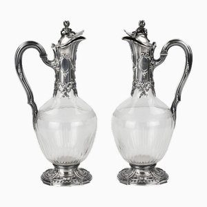 French Glass Wine Jugs in Silver, Set of 2