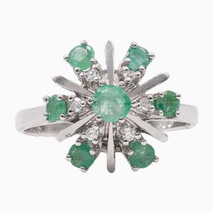 Vintage 14k White Gold Flower Ring with Emeralds and Diamonds, 1970s
