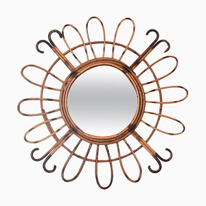 Mid-Century French Riviera Round Sunburst Mirror in Curved Rattan, France, 1970s