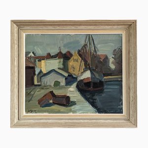 Houses by the Port, 1950s, Oil on Board, Framed