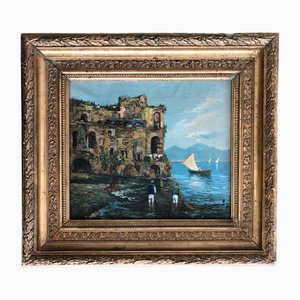 Roberto Scognamiglio, Baie de Naples et pêcheurs, Oil on Canvas, Framed