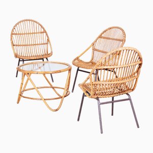 Art Seating Set in Rattan & Steel attributed to Alan Fuchs, 1940s, Set of 4