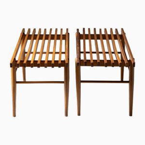 Vintage Italian Slatted Wooden Benches, Set of 2
