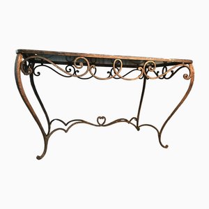 French Art Deco Wrought Iron Dining Table with Black Colored Glass, 1930s