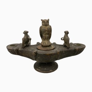 Small Antique Bronze Oil Lamp with Owl and Eagle Motif