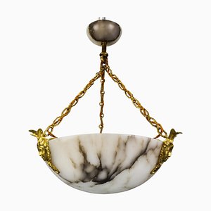 Lustre à Suspension à Trois Lumières en Albâtre Blanc et Bronze, France, 1920s