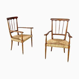 Mid-Century Modern Italian Chairs in Wood and Straw, 1950s, Set of 2