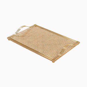 Serving Tray in Acrylic Glass, Rattan and Brass in the style of Christian Dior, Italy, 1970s
