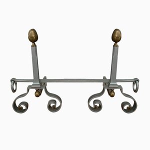 Grey Metal Andirons with Copper Bars, Set of 2