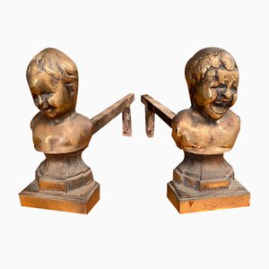 Antique Bronze Andirons Representing Two Loves, Set of 2