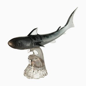 Tiger Hunting Shark on Murano Glass Base by Roberto Camozzo for Wyland, 1990s