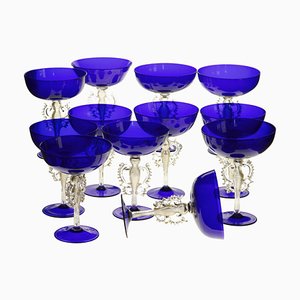 Champagne Coupes in Cobalt Murano Glass with Gold Inserts by Cenedese, Set of 12