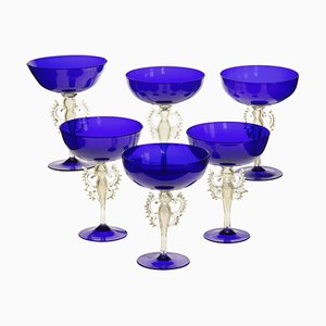 Champagne Glasses in Cobalt Murano Glass with Signed Gold Accents from Cenedese, 1950s, Set of 6