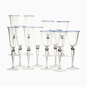 Stemmed Flute Glasses in Murano Glass with Cobalt and Gold Accents by Cenedese, 1980s, Set of 6