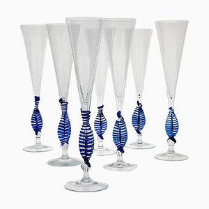 Cobalt and Pulegoso Murano Glass Ballerina Flutes from Cenedese, 1950s, Set of 7