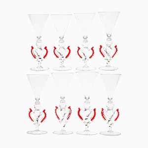 Vasos Tipetti de cristal de Murano transparentes con detalles en rojo de Cenedese, años 50. Juego de 8