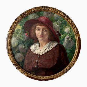 Portrait of a Young Woman in a Hat, 1890s, Oil Painting, Framed
