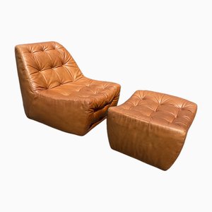 Mid-Century Danish Style Tan Lounge Chair with Ottoman, Set of 2