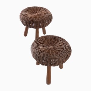 Wicker and Wood Stools by Tony Paul, 1960s, Set of 2