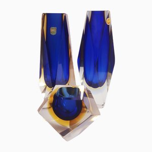 Jarrones vintage de cristal de Murano facetado de Alessandro Mandruzzato, 1950. Juego de 3